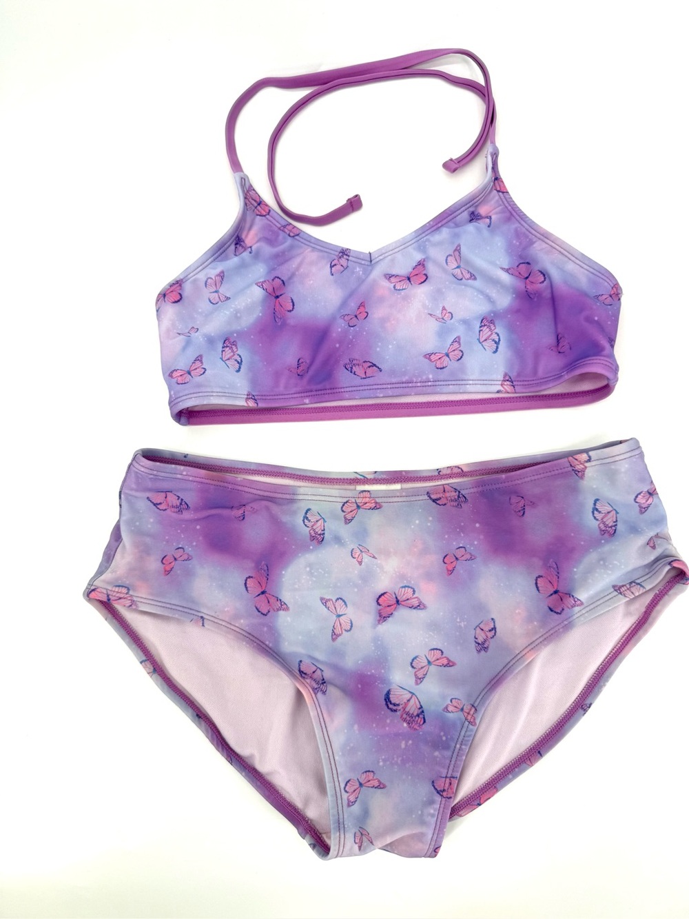 Girls' Butterfly Flutter Purple Tie-Dye Short Sleeve Rash Guard Bikini Set